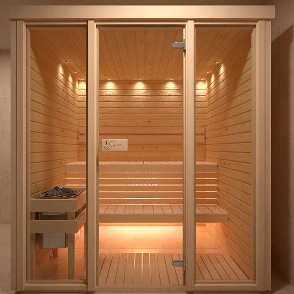 Saunakabine med glasfront 180 x 180 cm. Indendørs sauna Spacenteret.dk